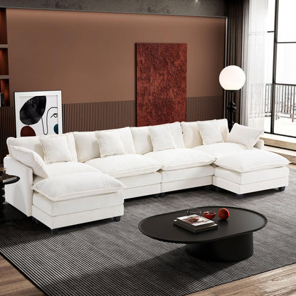 Ihanherry 111.4" L Shaped Modern Sofa Modular Sectional Cloud Couch with Ottoman, 4-Seat Chenille Deep Seat Sofa with Pillow for Living Room, Bedroom and Apartment, Beige