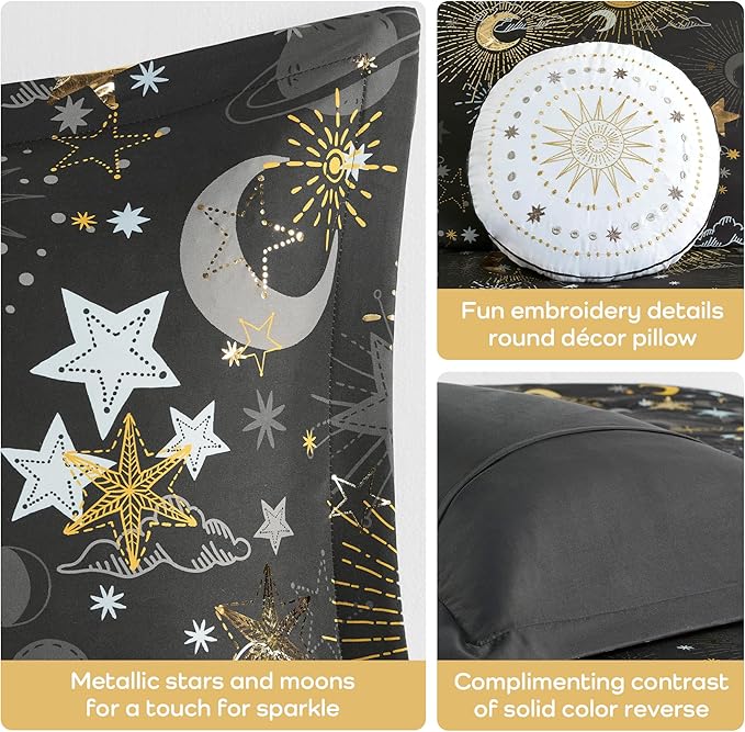 Mi Zone Kids Twin Comforter Set, Celestial Metallic Comforter Set Starry Sky, Moon & Sun Comforter, All Seasons Lightweight & Fluffy Comforter Bed Set, 1 Sham, Celia, Twin Charcoal/Gold 3 Piece