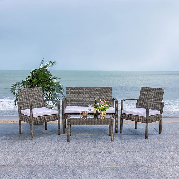 SAFAVIEH Outdoor Collection Bassey Grey Brown/White Cushion 4-Piece Conversation Patio Set PAT7507C