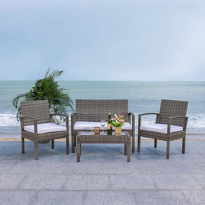 SAFAVIEH Outdoor Collection Bassey Grey Brown/White Cushion 4-Piece Conversation Patio Set PAT7507C