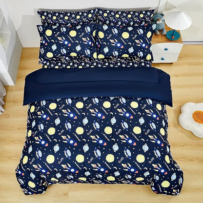 Mooreeke Bed in a Bag for Kids Girls Teens, 7 Pieces Full Size Comforter Bed Set with Shams, Sheet Set, Space Planet Blue Black Soft Microfiber Kids Comforter Bedding Set