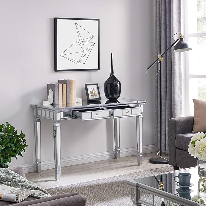 SEI Furniture Glenview Glam Mirrored Writing Desk w/ Drawers, Matte Silver