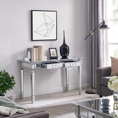 SEI Furniture Glenview Glam Mirrored Writing Desk w/ Drawers, Matte Silver