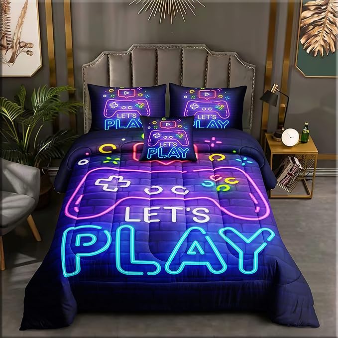 6 Pieces Gamer Bedding Set for Boys Gaming Comforter Queen Size, Game Controller Comforter for Teen 3D Gamepad Microfiber 6 Piece Bed in A Bag Kids Bedding Sets with Sheets,DJT H5030 Queen