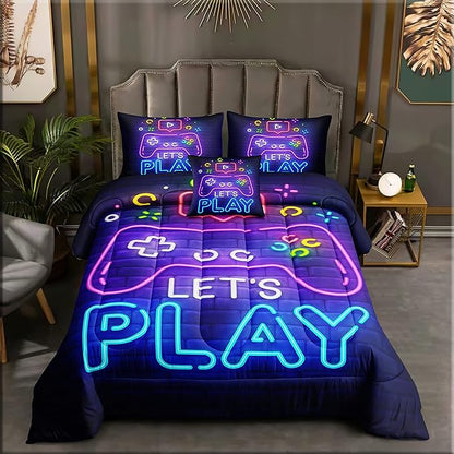 6 Pieces Gamer Bedding Set for Boys Gaming Comforter Queen Size, Game Controller Comforter for Teen 3D Gamepad Microfiber 6 Piece Bed in A Bag Kids Bedding Sets with Sheets,DJT H5030 Queen