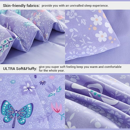 Mooreeke Bed in a Bag for Kids Girls Teens, 6 Pieces Twin Size Comforter Bed Set with Shams, Sheet Set and Decorative Toy Pillow, Butterfly Purple Super Soft Microfiber Kids Comforter Bedding Set