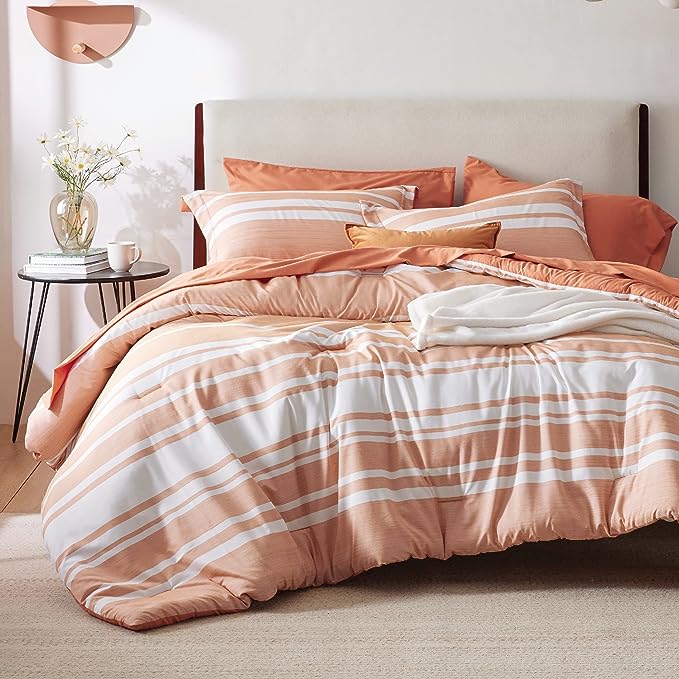 Bedsure Bed in a Bag Full Size 7 Pieces, Burnt Orange White Striped Bedding Comforter Sets All Season Bed Set, 2 Pillow Shams, Flat Sheet, Fitted Sheet and 2 Pillowcases
