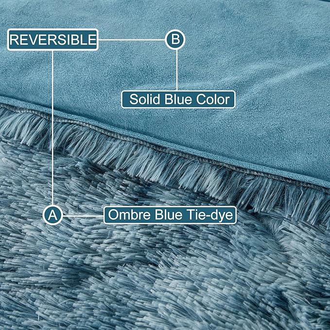 WINLIFE Shaggy Bedding Comforter Set Full Blue Faux Fur Flannel Furry Comforter Plush Comforter Sets Gradient Ombre Tie Dye Bedding for Teens Adults (3Pcs, Full, Smoke Blue)