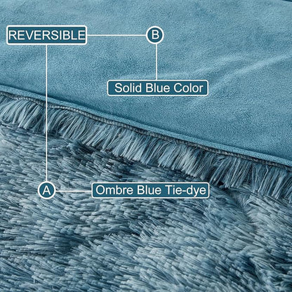 WINLIFE Shaggy Bedding Comforter Set Full Blue Faux Fur Flannel Furry Comforter Plush Comforter Sets Gradient Ombre Tie Dye Bedding for Teens Adults (3Pcs, Full, Smoke Blue)