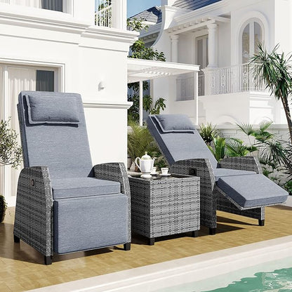 Patio Furniture Sets 3 Piece Outdoor, PE Wicker Rattan 2-Person ConversationSets with Adjustable Backrest Recliner Lounge Chairs and Coffee Table, Comforty Cushions, for Lawn Balcony, Gray