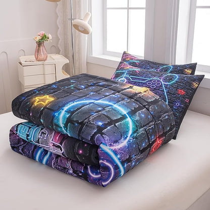 NINENINE Gamer Bedding Sets for Boys 5PCS Full Size Gaming Comforter Bed in A Bag Gamer Contoller Video Kids Teens Gamer Comforter Sets (1Comforter, 1Flat Sheet, 1Fitted Sheet, 2Pillowcases)