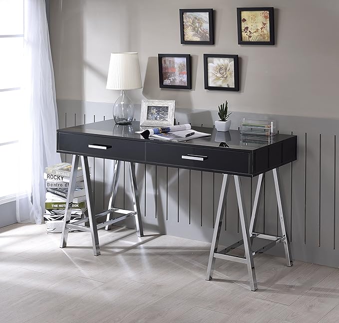 Acme Coleen 2-Drawer Metal Home Office Desk in Black and Chrome