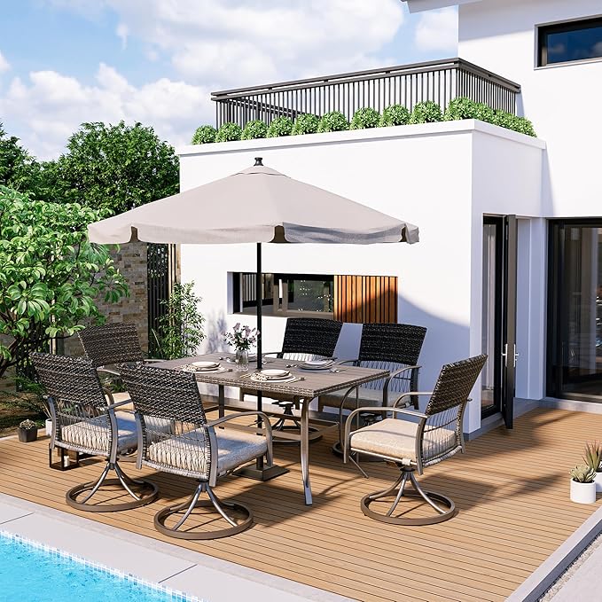 Pamapic 7 Piece Patio Dining Set for 6,Outdoor Wicker Furniture Set for Backyard Garden Deck Poolside with 6 Cushions Swivel Rocker Chairs,Iron Slats Table Top, Removable Cushions(Beige)