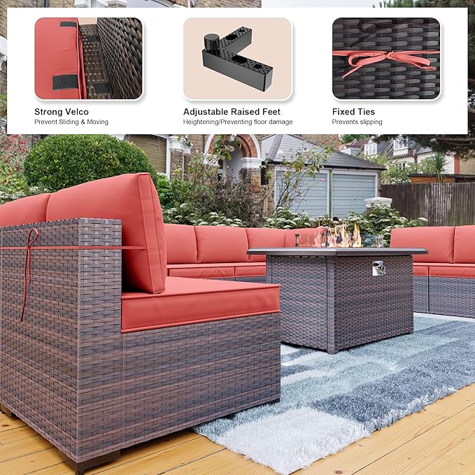 Kullavik 13PCS Outdoor Patio Furniture Set,PE Wicker Rattan Sectional Sofa Patio Conversation Sets with 43" 55000BTU Gas Propane Fire Pit Table,Swivel Rocking Chairs Set,Dark Red