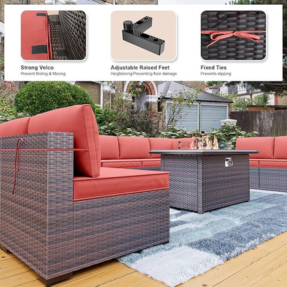 Kullavik 13PCS Outdoor Patio Furniture Set,PE Wicker Rattan Sectional Sofa Patio Conversation Sets with 43" 55000BTU Gas Propane Fire Pit Table,Swivel Rocking Chairs Set,Dark Red