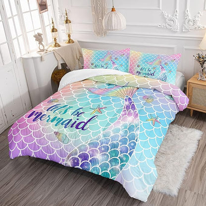 Datura home Bedding Comforter Set Rainbow Scales Mermaid Printed Pattern Bedding Set with 1 Comforter and 2 Pillowcases for Girls Bedroom All Season(Rainbow Scales Mermaid Queen), 90x90inches