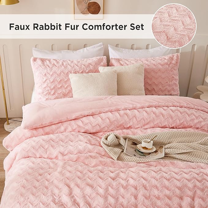 Andency Pink King Size Comforter Set, 3 Pieces Fleece Fuzzy Fluffy Bedding Set, Plush Shaggy Faux Fur Warm Bed Set