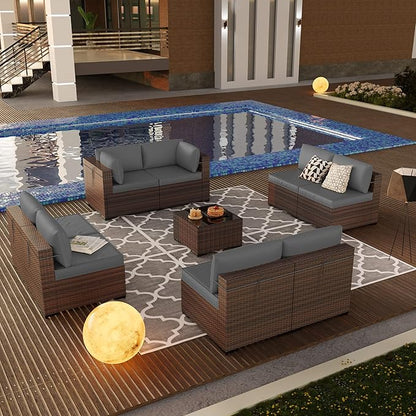 Kullavik 9PCS Outdoor Patio Furniture Set PE Wicker Rattan Sectional Sofa Patio Conversation Sets,Grey
