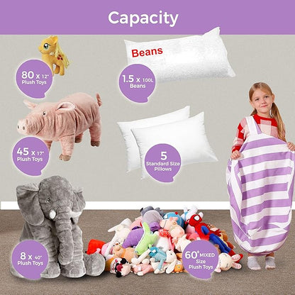 Aubliss Stuffed Animal Bean Bag Storage Chair (Purple/White Striped, Medium (32''))