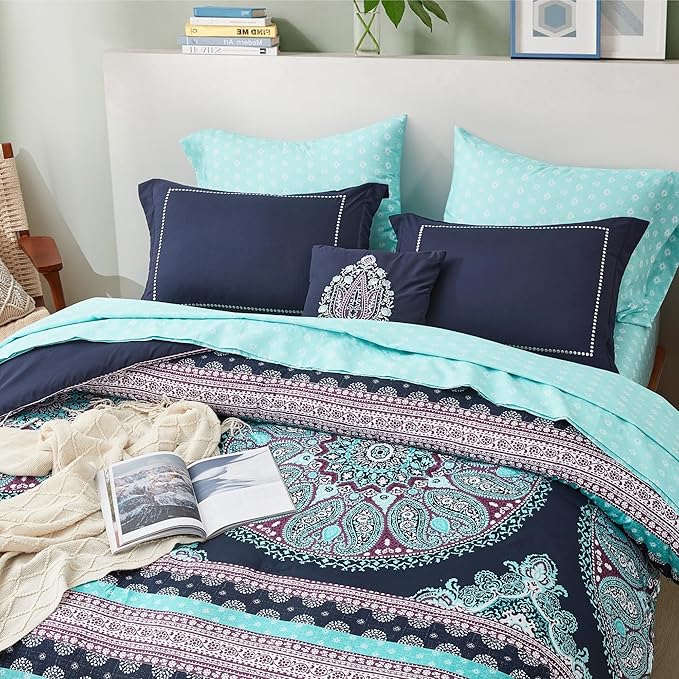 Degrees of Comfort Teen Twin Complete Comforter Sets for Girls, Boho Medallion Tween Bed in A Bag 6 Piece, Blue Microfiber Bedding Set with Sheets, Matching Decorative Pillow