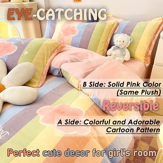 MorroMorn Twin Bedding Sets, Pink Rainbow Stripe Duvet Cover Set, Fluffy Comforter Covers Plush Blanket Ultra Soft Kawaii Cute for Girls Kids Toddler Teen Women Twin/Twin XL Size