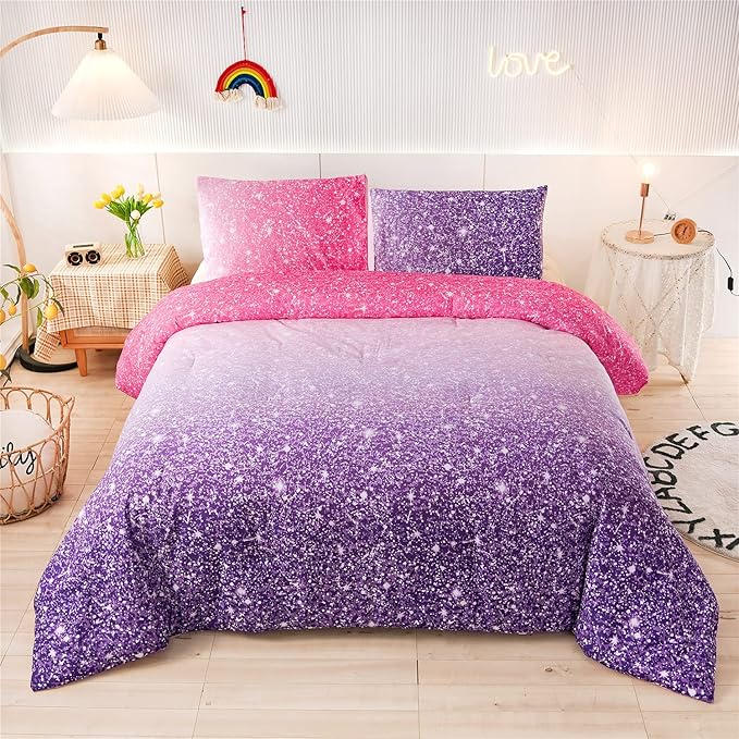 Holawakaka Kids Space Star Glitter Comforter Set Ombre Red & Purple Print Gradient Bedding Set Full Size (Red purple, Full)