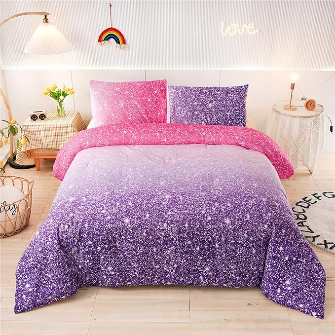Holawakaka Kids Space Star Glitter Comforter Set Ombre Pink Purple Print Gradient Bedding Set Queen Size (Pink Purple, Queen)……