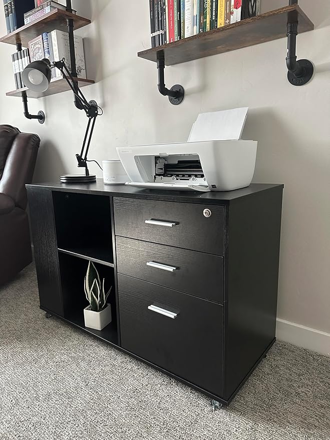 YITAHOME File Cabinet with Charging Station, Mobile Lateral Filing Cabinet with Lock for Home Office, Printer Stand with Open Storage Shelf, Fits A4, Letter, Legal Size Files, Office Furniture, Black