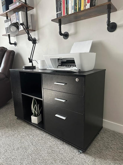 YITAHOME File Cabinet with Charging Station, Mobile Lateral Filing Cabinet with Lock for Home Office, Printer Stand with Open Storage Shelf, Fits A4, Letter, Legal Size Files, Office Furniture, Black