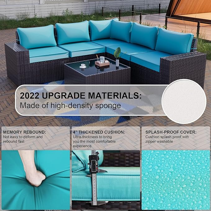 Kullavik 6PCS Outdoor Patio Furniture Set PE Wicker Rattan Sectional Sofa Patio Conversation Sets,Blue