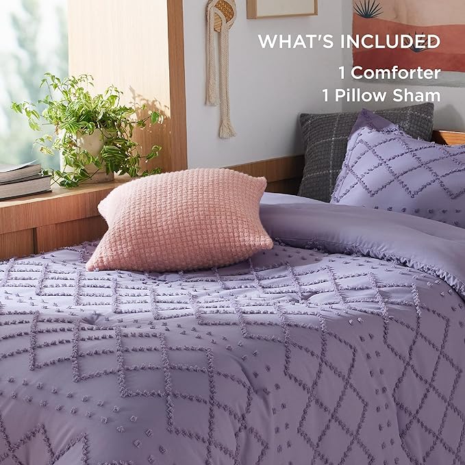 Bedsure Twin/Twin XL Comforter Set - Grayish Purple Boho Twin Extra Long Comforter Set for College, Shabby Chic Dorm Bedding Set, 2 Pieces Modern Farmhouse Bed Set, includes 1 Pillow Sham