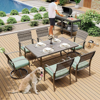 Pamapic 7 Piece Patio Dining Set for 6,Wicker Outdoor Furniture Set for Backyard Garden Deck Poolside with Iron Slats Table Top,4 Dining Chairs and 2 Swivel Rockers,Removable Cushions(Green)