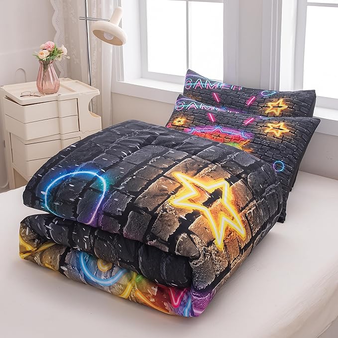 Boys Full Size Bedding Set, Gaming Comforter Sets for Boys, Gamer Bedding Sets for Boys Teens, Neon Kids Bedding Set, Gaming Room Decor for Boys Bedroom(1 Comforter +2 Pillowcases)