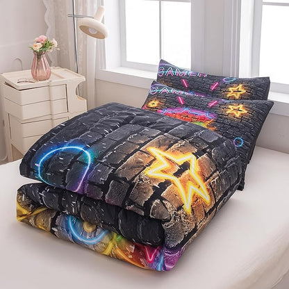 Boys Full Size Bedding Set, Gaming Comforter Sets for Boys, Gamer Bedding Sets for Boys Teens, Neon Kids Bedding Set, Gaming Room Decor for Boys Bedroom(1 Comforter +2 Pillowcases)