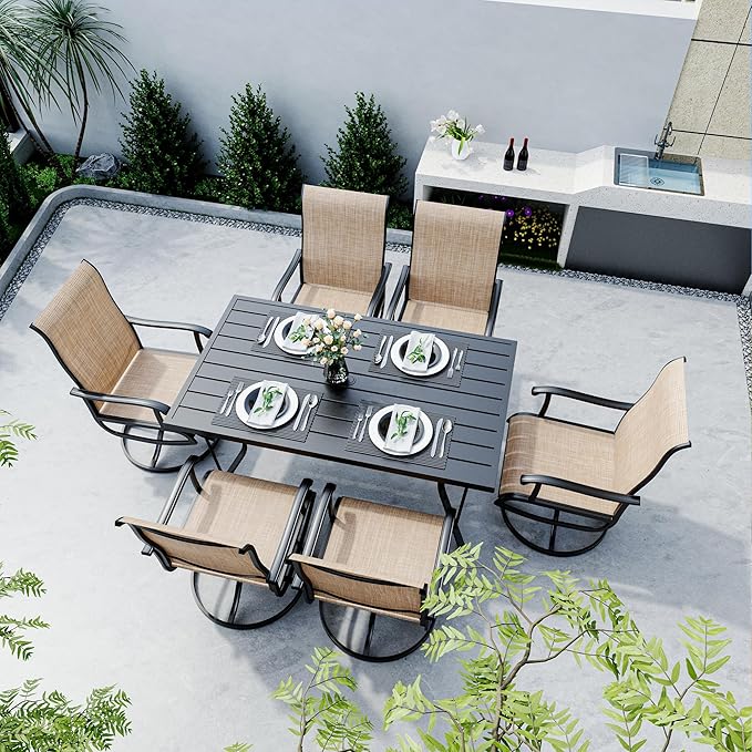 Pamapic 7 Pieces Patio Dining Set, Outdoor Dining Set for Garden Backyard Poolside Deck,Outdoor Table and Chairs Set with 6 Textilene Swivel Chairs,Beige