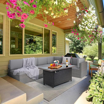 Pamapic 8 Pieces Patio Conversation Sets with fire Pit, Patio Furniture Sectional Sofa with Gas Fire Pit Table(Grey Wicker,Grey Cushions)