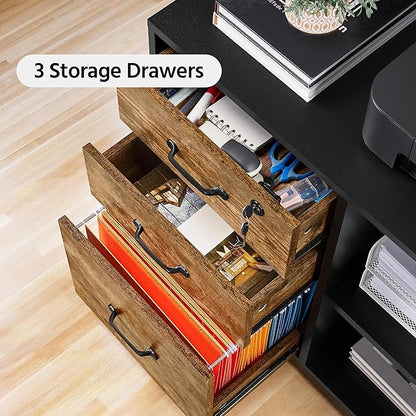 Yaheetech Filing Cabinet with Charging Station, Lateral File Cabinets Printer Stand with 3 Drawers, for Home and Office Black/Rustic Brown