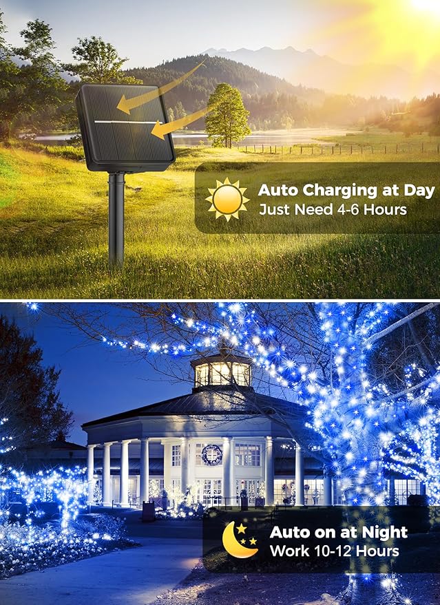 Minetom Solar Christmas Lights Outdoor Waterproof, 40FT 100 LED Solar Lights with 8 Modes, Solar Christmas Outdoor Decoration, Solar String Lights for Outside House Tree Party Yard, Blue& Pure White