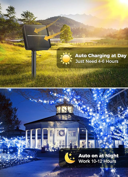 Minetom Solar Christmas Lights Outdoor Waterproof, 40FT 100 LED Solar Lights with 8 Modes, Solar Christmas Outdoor Decoration, Solar String Lights for Outside House Tree Party Yard, Blue& Pure White