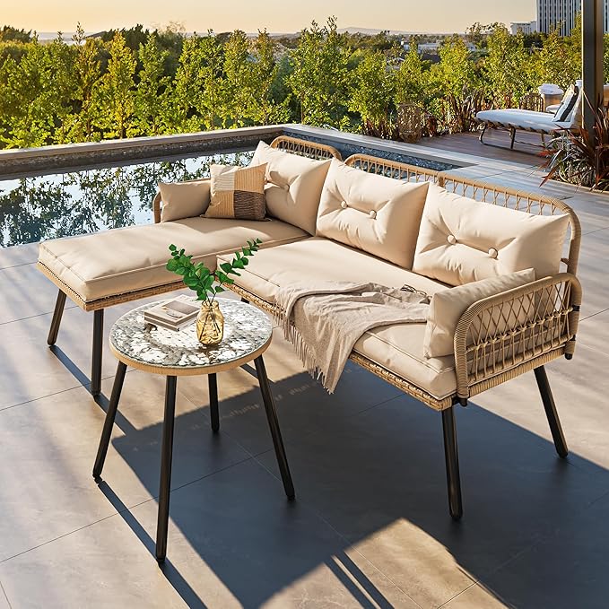 YITAHOME L-Shaped Patio Furniture Outdoor Loveseat Sectional Set for Backyard, Porch with Thick Cushions Detachable Lounger, Side Table (Light Brown+Beige)