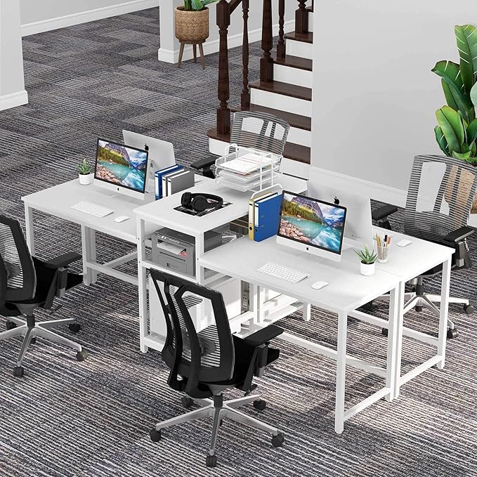 Tribesigns 96.9" Double Computer Desk with Printer Shelf, Extra Long Two Person Desk Workstation with Storage Shelves, Large Office Desk Study Writing Table for Home Office, White