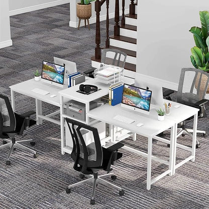 Tribesigns 96.9" Double Computer Desk with Printer Shelf, Extra Long Two Person Desk Workstation with Storage Shelves, Large Office Desk Study Writing Table for Home Office, White