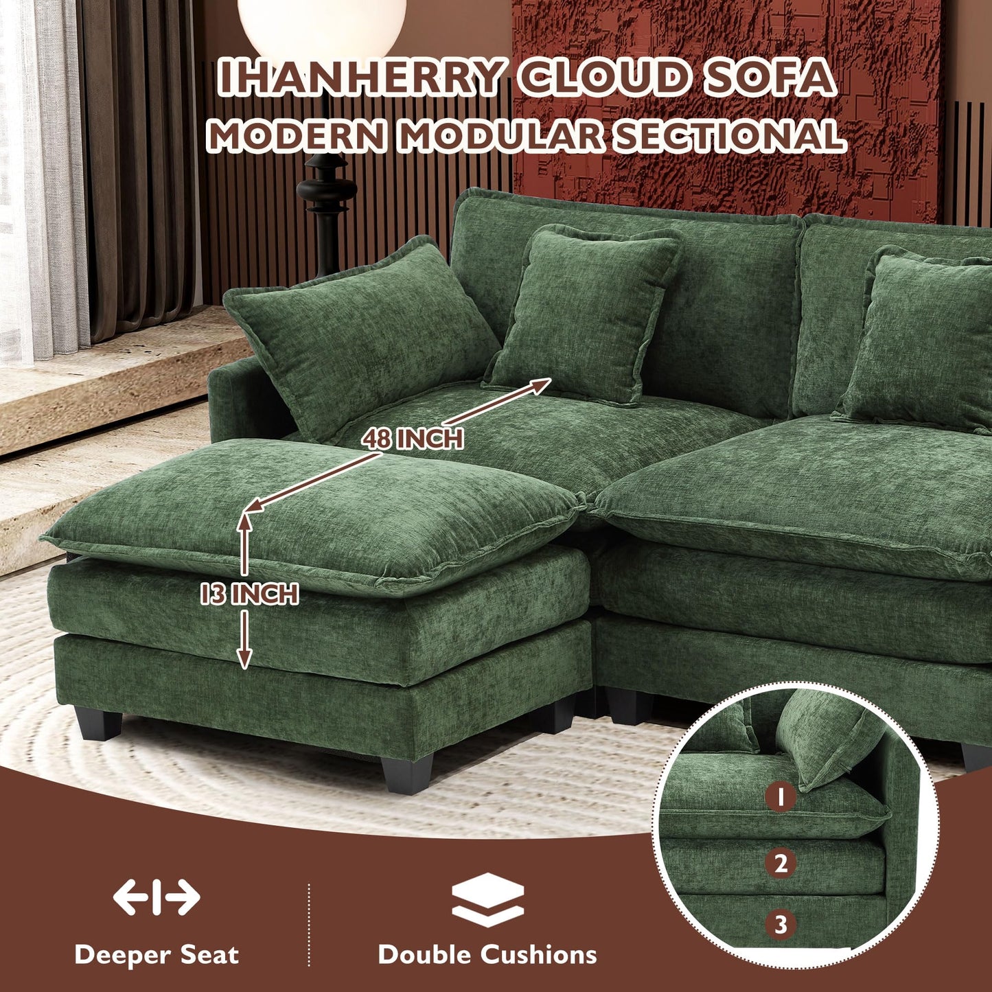 Ihanherry 111.4" L Shaped Modern Sofa Modular Sectional Cloud Couch with Ottoman, 4-Seat Chenille Deep Seat Sofa with Pillow for Living Room, Bedroom and Apartment, Beige