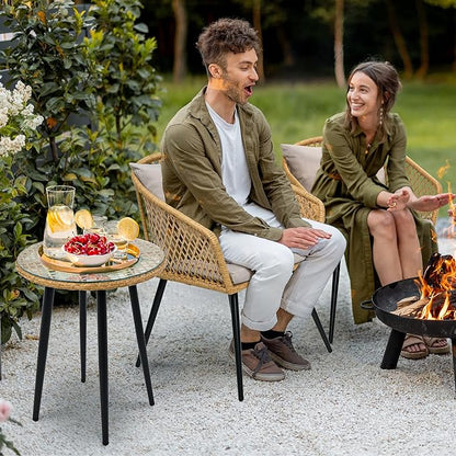 YITAHOME 3-Piece Wicker Balcony Small Patio Furniture Chair Set, Outdoor Rattan Conversation Chairs for Backyard, Balcony and Apartment with Soft Gray Cushions, Glass Side Table Light-Yellow