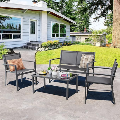 Shintenchi 4 Pieces Patio Furniture Set, Modern Design, Durable Steel Frame, Comfortable Textile Cushions, Easy to Move and Clean