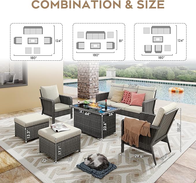Yechen Patio Conversation Set 7 Seats with 44" Propane Gas Fire Pit Table - 6 Pcs Outdoor Wicker Furniture Set with Lid & Wind Shields - Sectional Sofa Set for Porch,Backyard