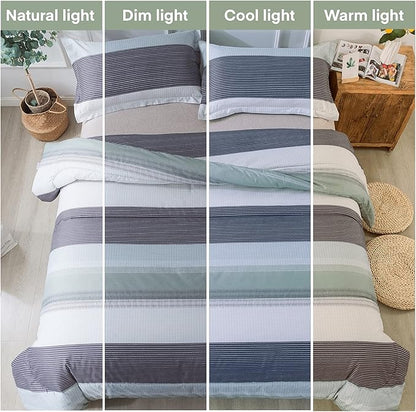 Andency Stripe Comforter Set Queen Size (90x90 Inch), 3 Pieces Mint Green Patchwork Striped Comforter, Soft Microfiber Down Alternative Comforter Bedding Set with Corner Loops