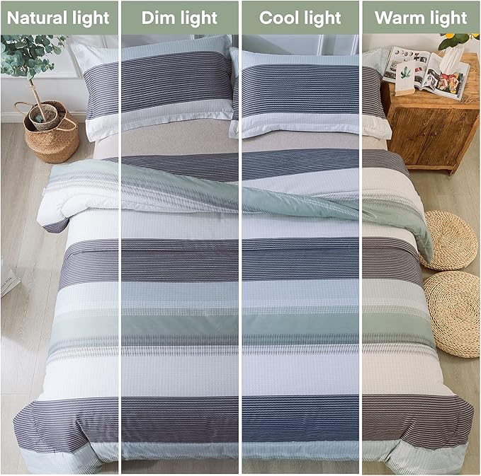 Andency Stripe Comforter Set Twin Size (66x90 Inch), 2 Pieces Mint Green Patchwork Striped Comforter, Soft Microfiber Down Alternative Comforter Bedding Set with Corner Loops (Mint, White, Grey)