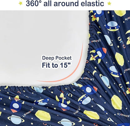 Mooreeke Bed in a Bag for Kids Boys Teens, 5 Pieces Twin Size Comforter Bed Set with Shams, Sheet Set, Space Planet Blue Black Super Soft Microfiber Kids Comforter Bedding Set