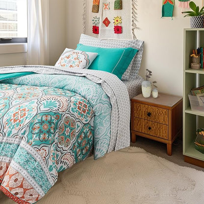 Degrees of Comfort Bed in a Bag Twin XL, Boho Medallion Comforter Sets for College, Microfiber 6 Pieces Bedding Set with Sheet, Matching Decorative Pillow, Aqua